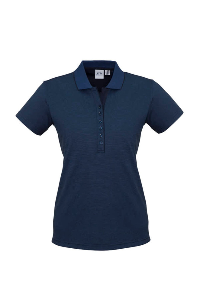 A navy women's short sleeve polo shirt featuring a button placket and a logo on the chest.