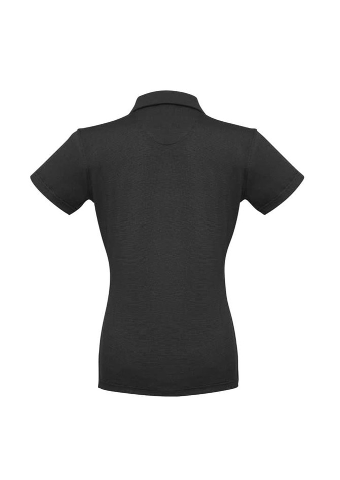A black women's shadow short sleeve polo shirt featuring a traditional collar and fitted design, with a logo on the back.