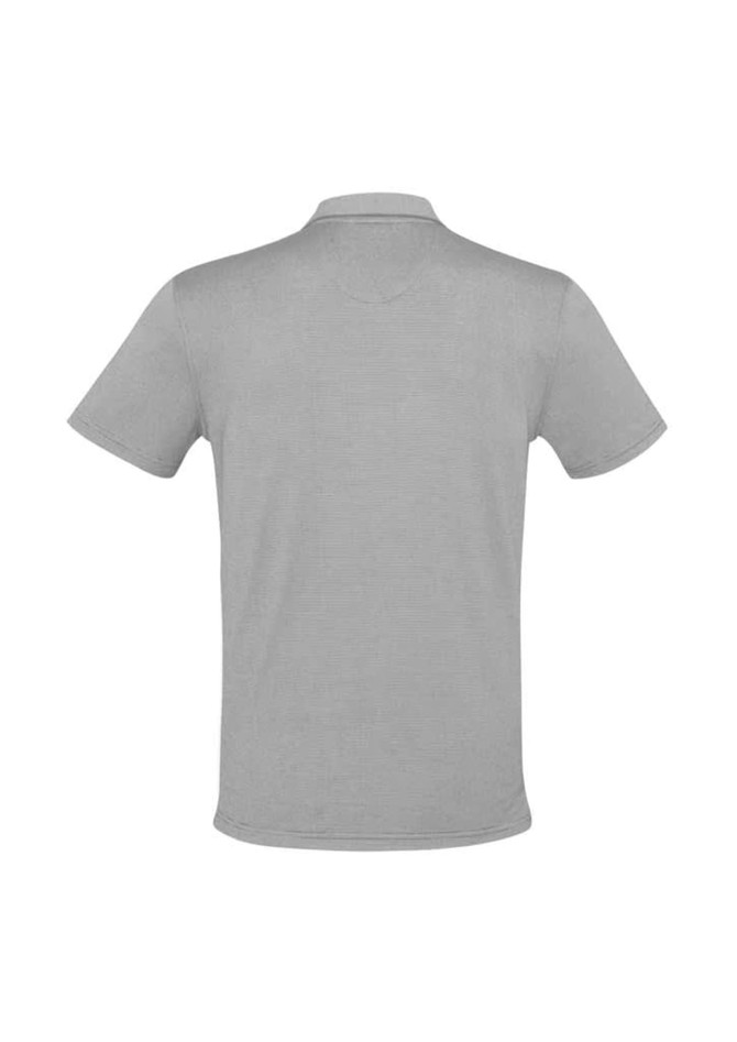 A grey men's short sleeve polo shirt featuring a collar and a logo. The back view shows a simple, sleek design.