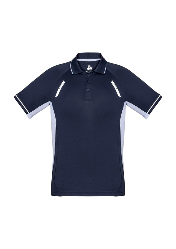 A men's short sleeve polo in navy blue with light grey side panels and a logo.