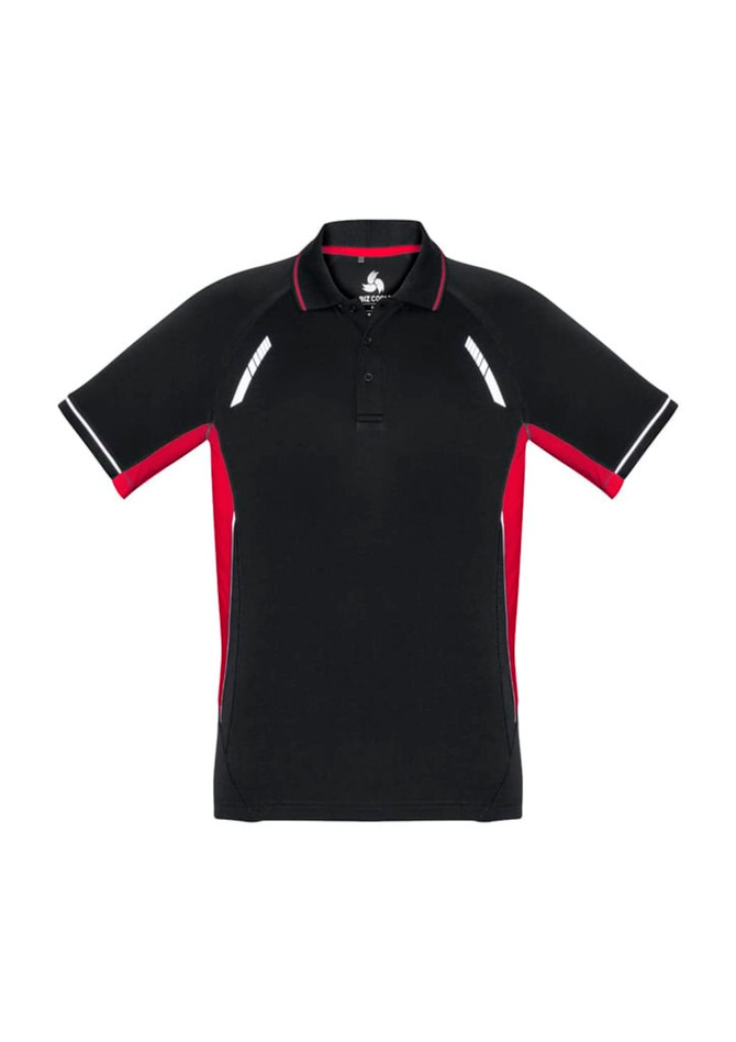 A black and red men's polo shirt featuring short sleeves and contrasting detailing, with a logo.