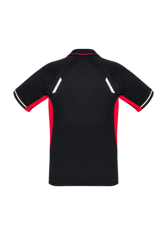 A black and red men's short sleeve polo shirt featuring a logo and reflective details on the back.