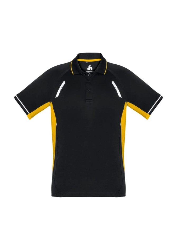 A black and yellow men's short sleeve polo shirt featuring a logo and contrast detailing.
