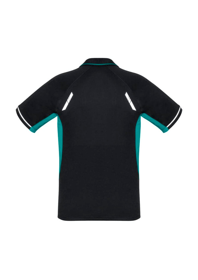 A black and teal short sleeve polo shirt featuring reflective detailing and a logo on the back.
