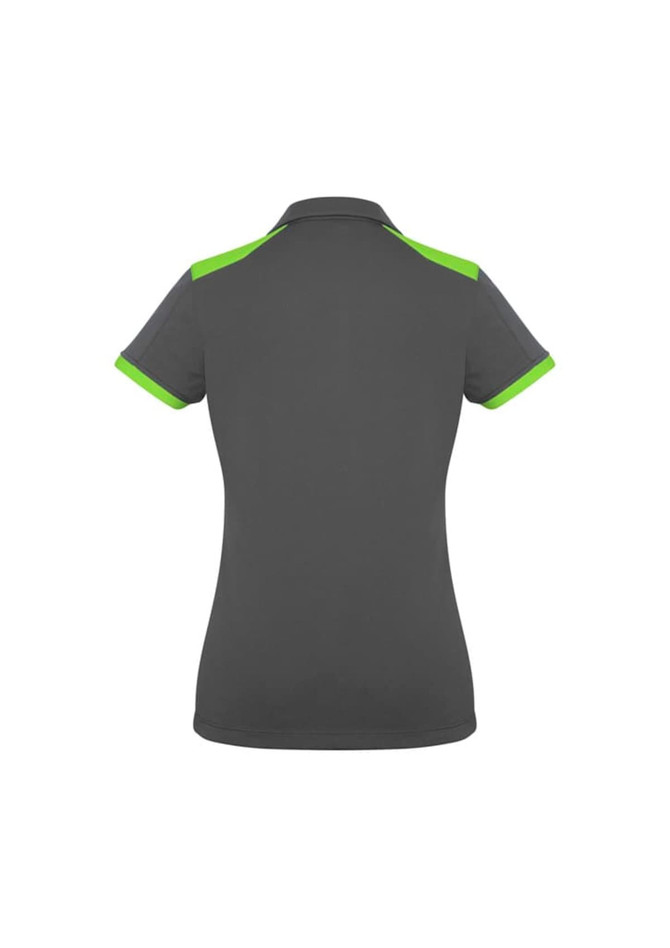 A women's short sleeve polo shirt in grey with green accents, featuring a collar and a logo.