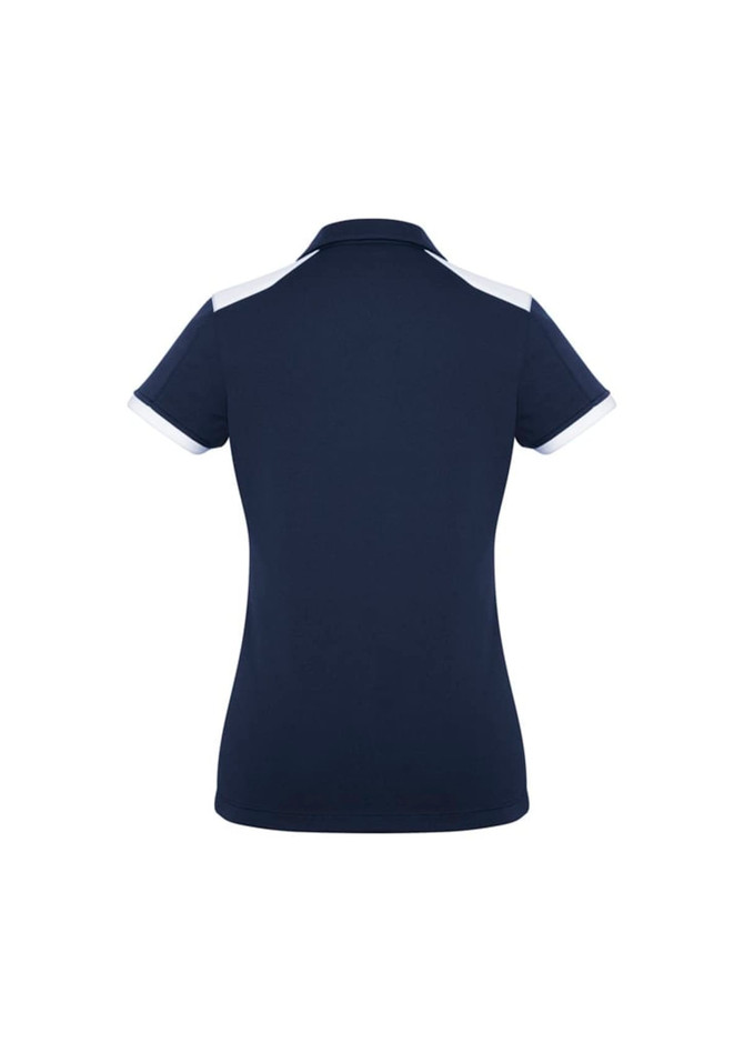 A women's polo shirt in navy with white detailing on the collar and sleeves, featuring a logo.