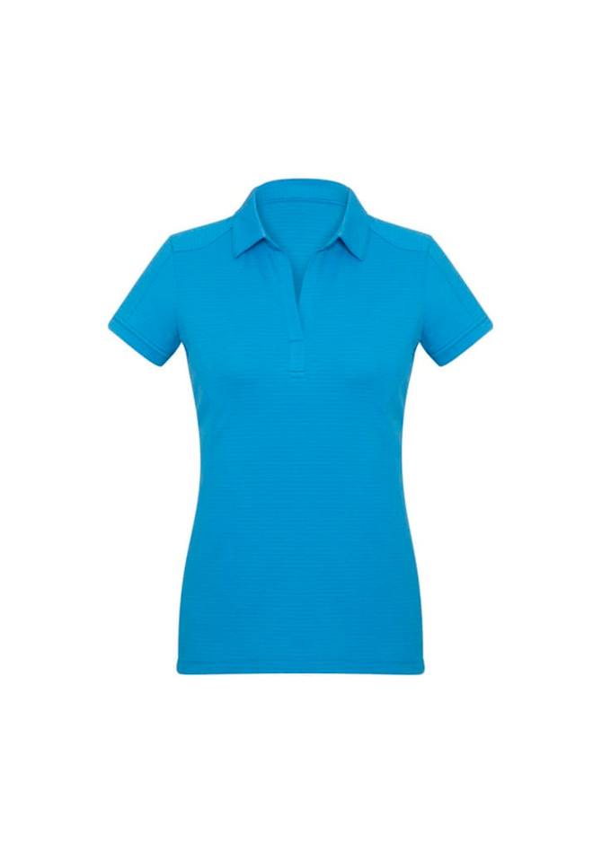 A women's short sleeve polo shirt in a vibrant blue colour, featuring a collar and a logo.