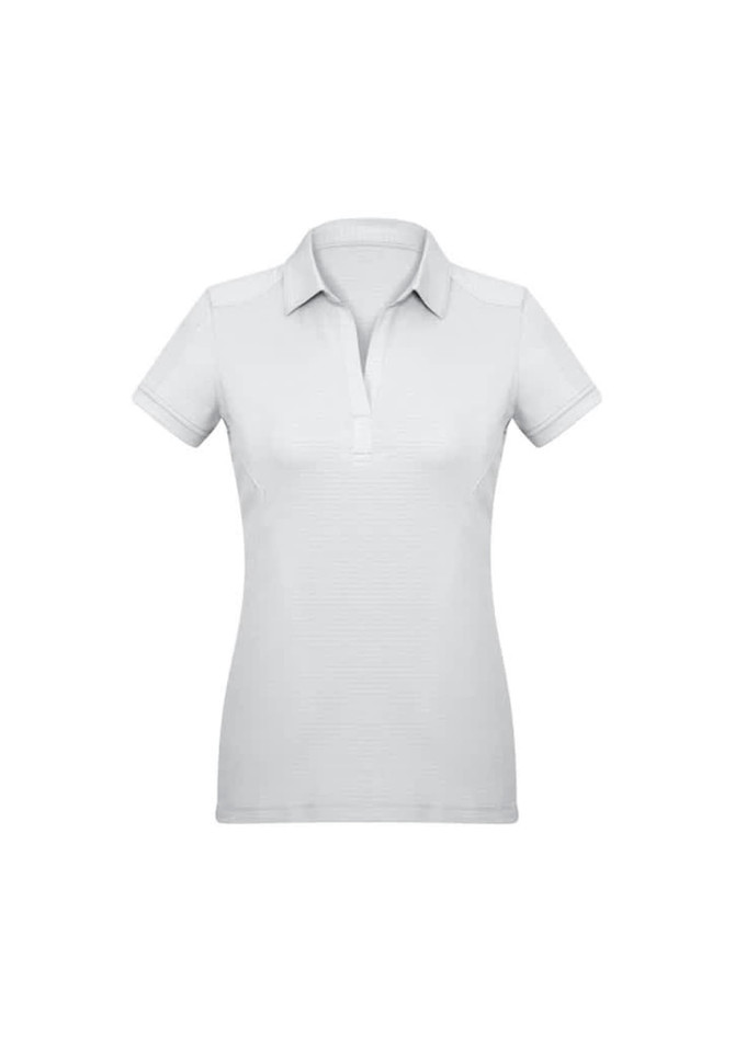 A women's short sleeve polo shirt in light grey, featuring a collar and a logo.