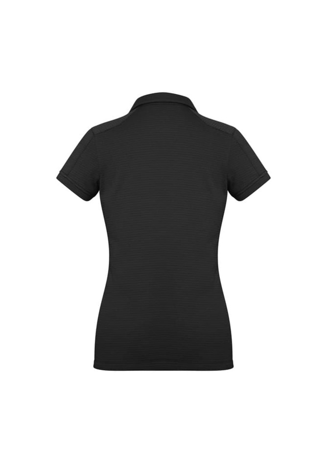 A women's short sleeve polo shirt in black, featuring a fitted design and a collar. The shirt includes a logo.