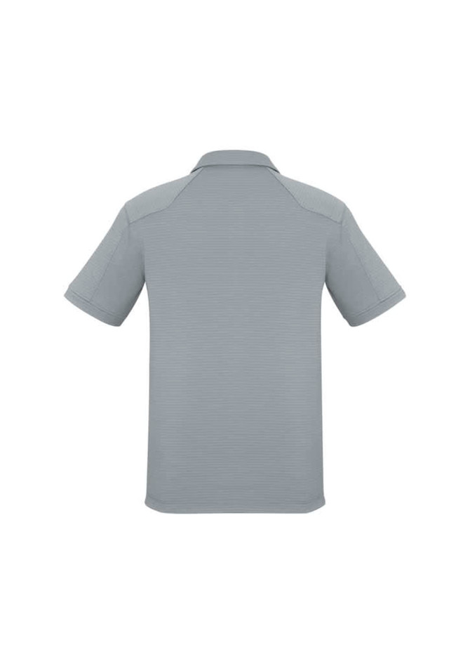 A light grey short sleeve polo shirt with a collar and a logo on the back.