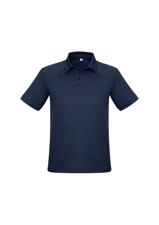 A navy blue men's short sleeve polo shirt featuring a collar and button placket, with a logo present.