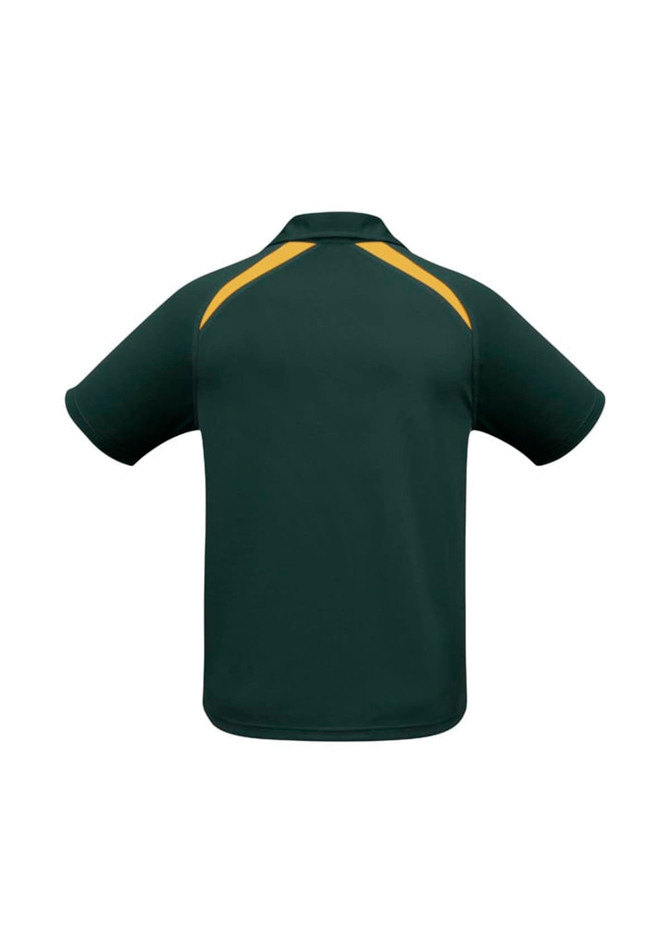 A green kids' polo shirt with yellow detailing on the shoulders and a logo.