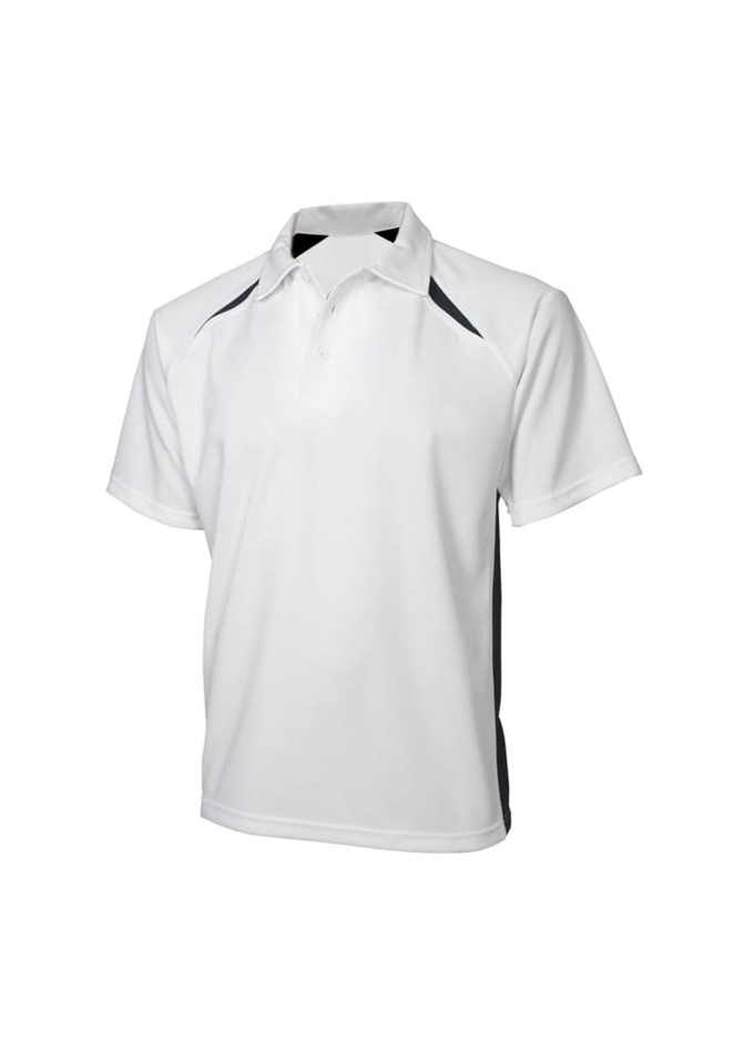 A white short sleeve polo shirt with black side accents and a collar, featuring a logo.