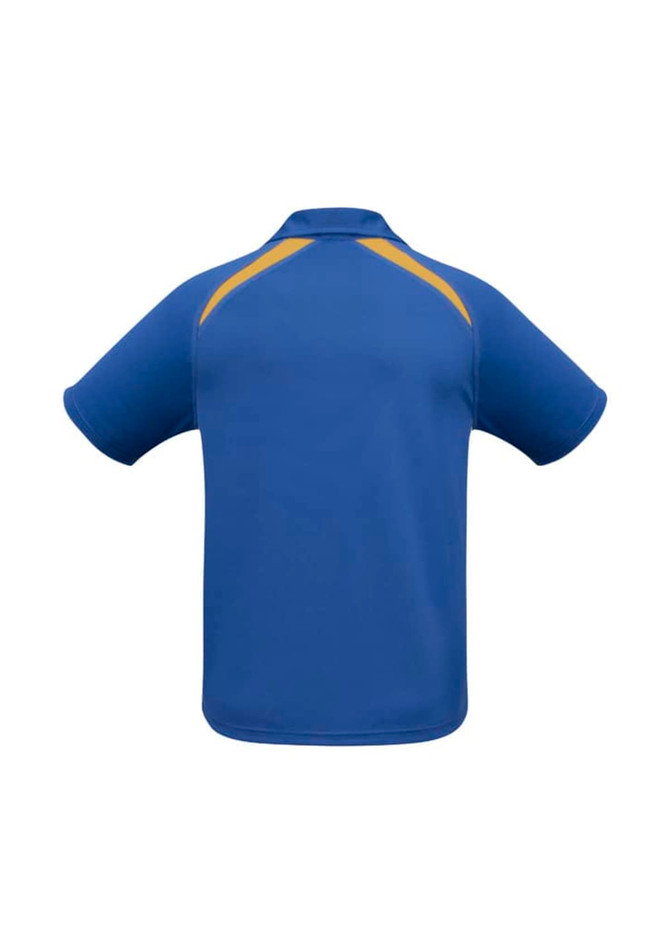 A blue polo shirt with short sleeves and yellow accents, featuring a logo on the back.