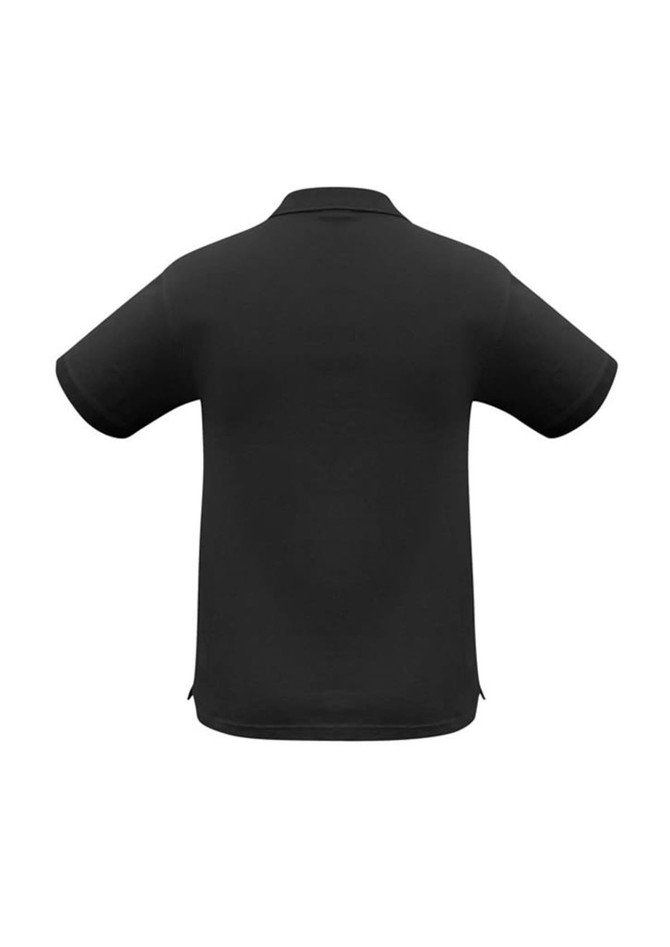 A black short sleeve polo shirt featuring a classic collar and side slits. There is a logo on the shirt.