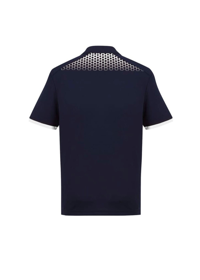 A navy short sleeve polo shirt featuring a patterned back and contrasting white collar. Includes a logo.