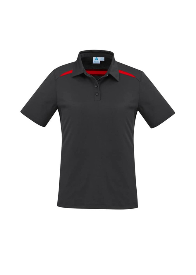 A women's short sleeve polo shirt in dark grey with red accents and a small logo on the chest.