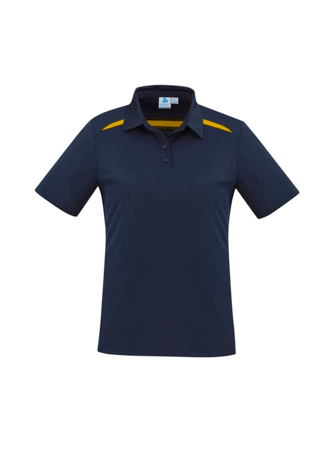 A navy short sleeve polo shirt with yellow accents and a collar. The shirt features a logo on the chest.