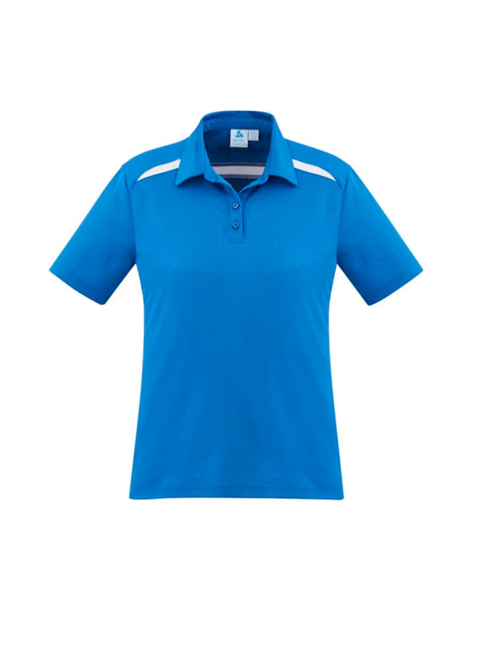 A blue women's polo shirt featuring short sleeves and subtle white detailing, with a logo present.