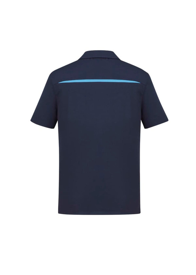 A navy short sleeve polo shirt featuring a light blue stripe and a logo on the back.