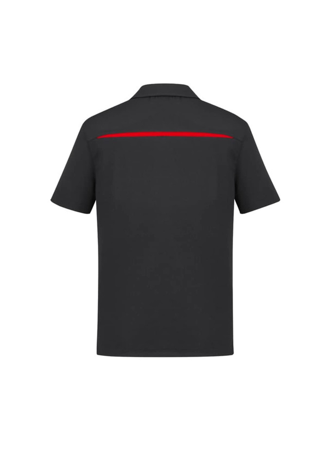 A black short sleeve polo shirt featuring a red accent on the back and a logo.