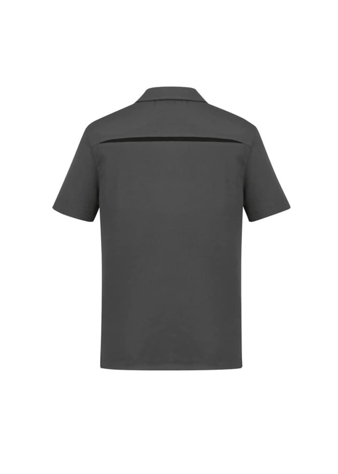 A grey short sleeve polo shirt featuring a back vent and a logo.