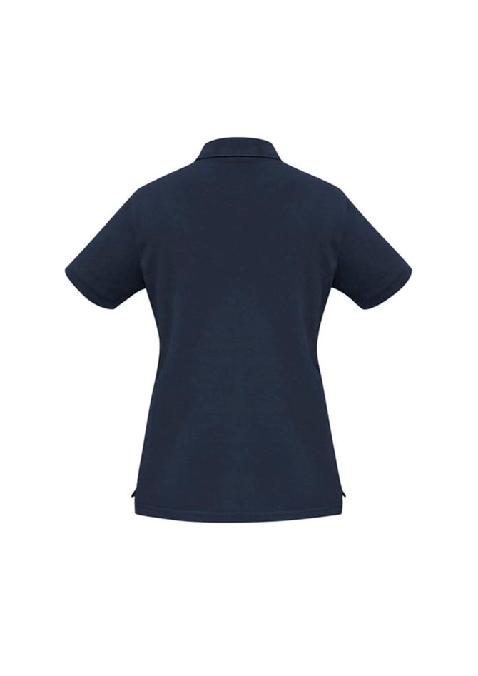 A navy short sleeve polo shirt featuring a collar and a brand logo on the fabric.