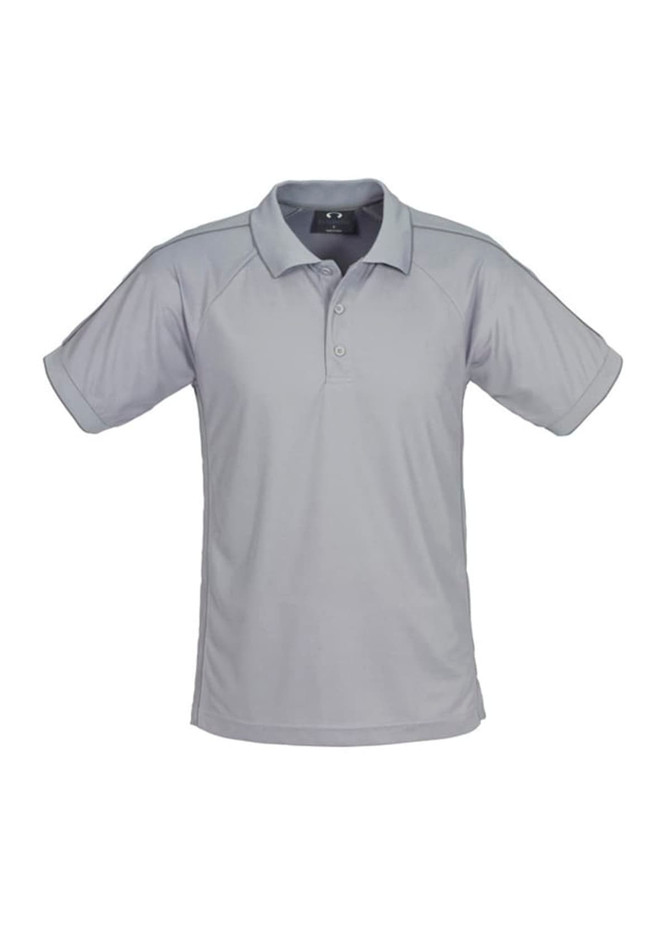 A grey men's short sleeve polo shirt with a collar and a logo on the upper left side.