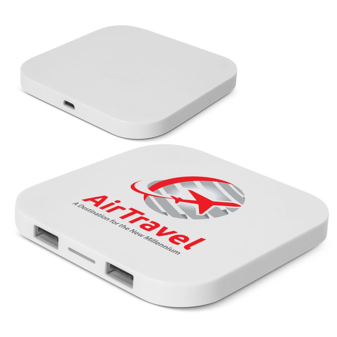 A white wireless charging hub featuring ports and a logo on one side. The design is sleek and minimalist.