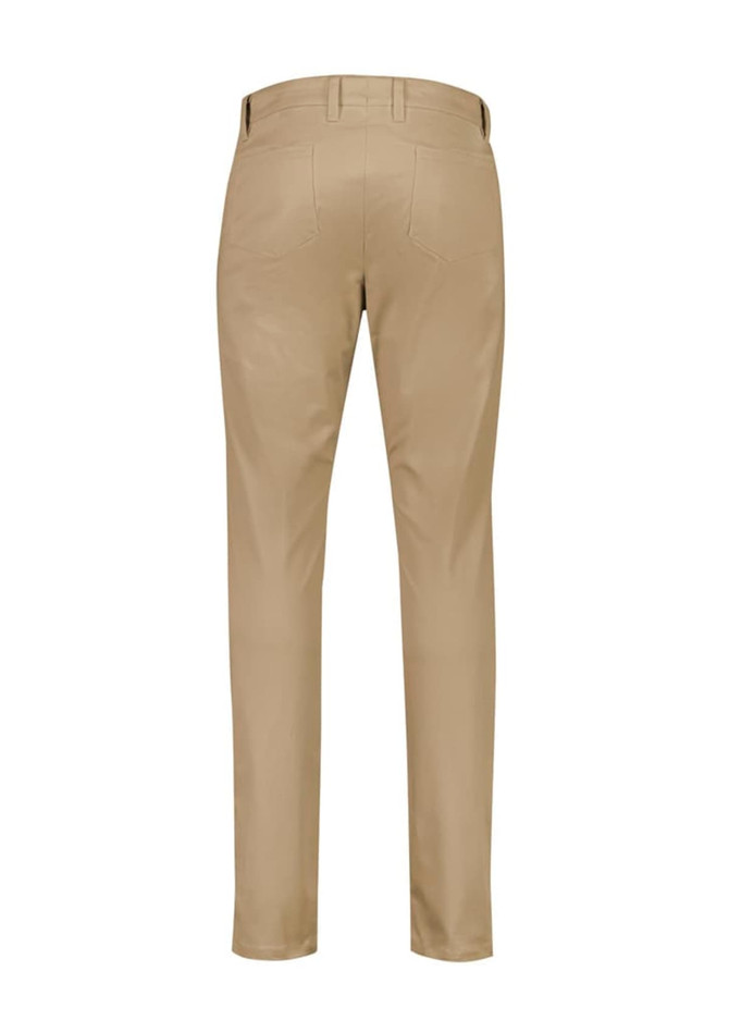 A pair of beige tapered stretch chino pants with back pockets and a logo.