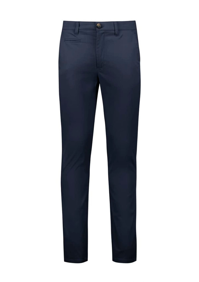Navy stretch chino pants with a slim fit, featuring front and back pockets, and a button closure.
