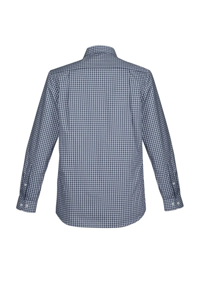 A navy and white check patterned long sleeve button-up shirt with a collar and button cuffs.