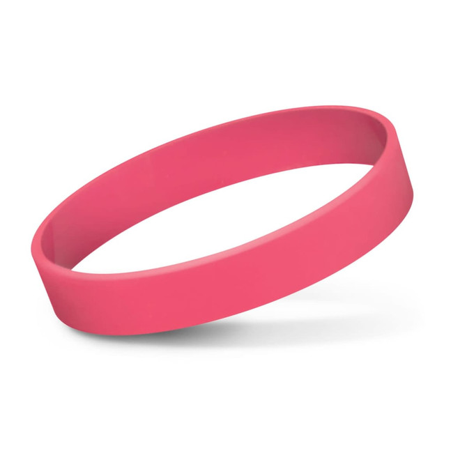 A pink silicone wristband with a debossed design, featuring a smooth texture and a round shape.