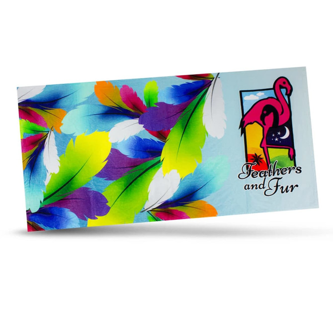 A colorful beach towel featuring vibrant feathers and a flamingo design, labeled "Feathers and Fur."