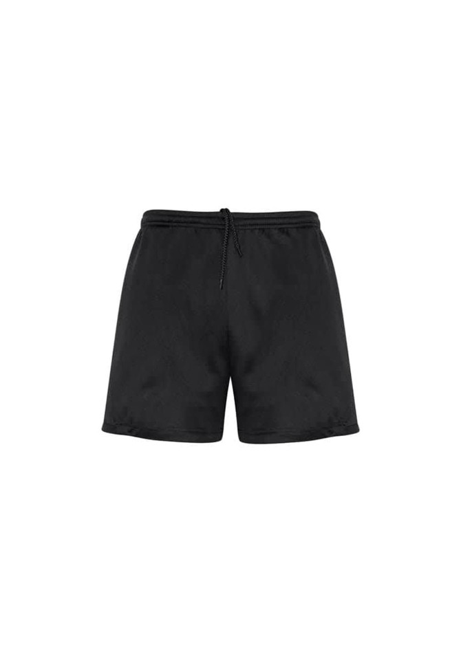 A pair of black sports shorts with a drawstring waist and a logo on one side.