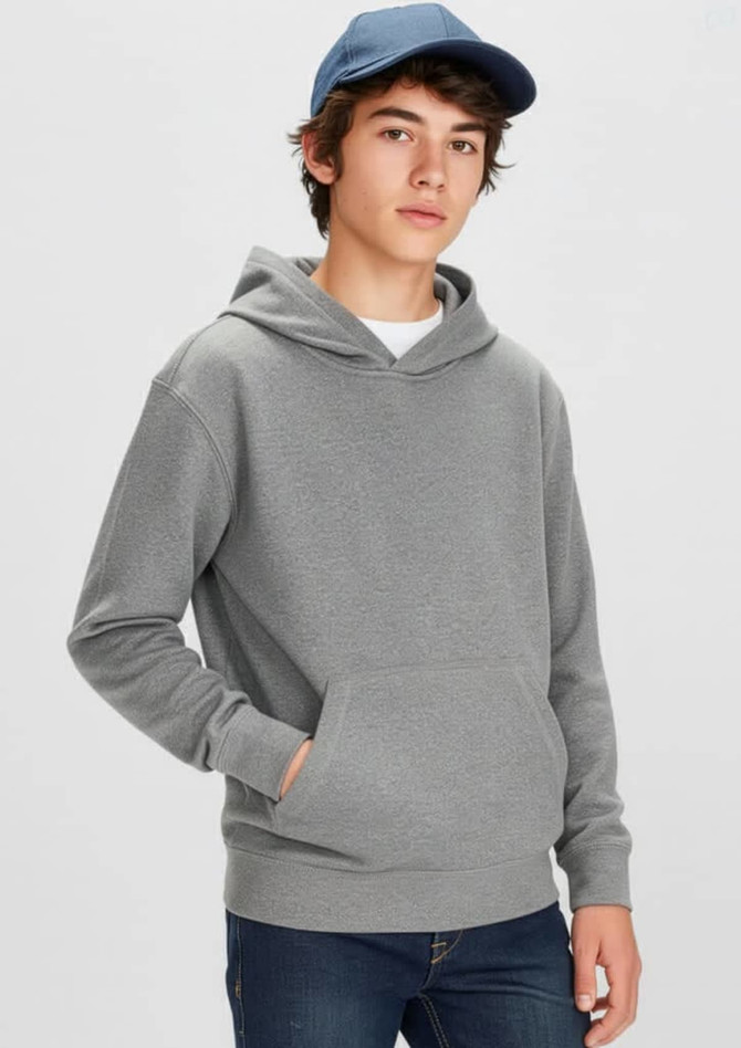 A grey hoodie with a front pocket, worn by a young person. The person is also wearing a blue cap.