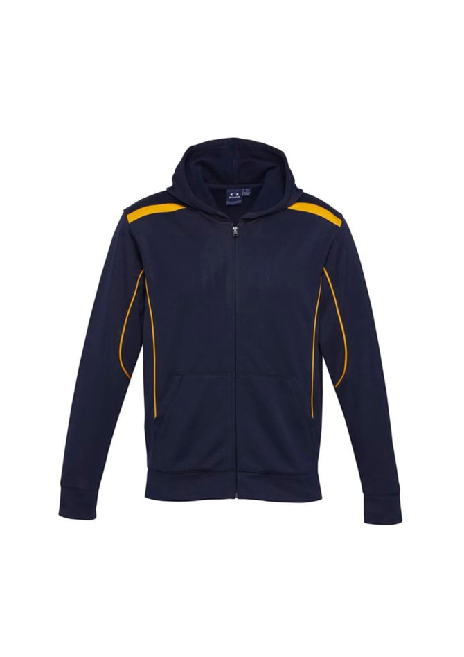 A navy hoodie with yellow trim and a front zip, featuring a hood and two side pockets.