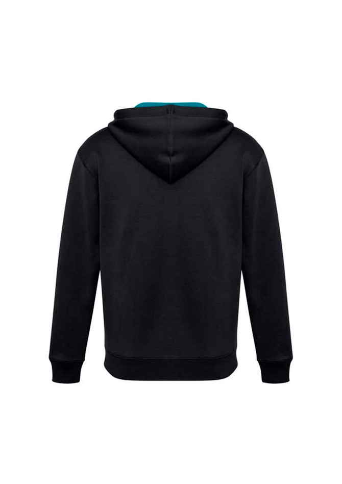 A black hoodie featuring a teal lining, designed for kids, with a logo on the back.