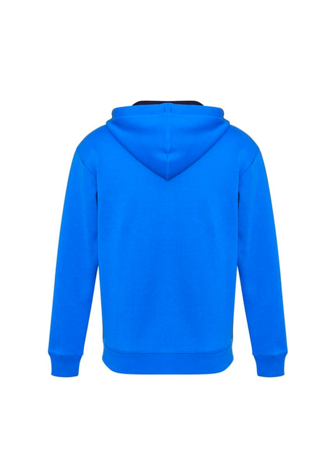 A blue hoodie with a hood, featuring a plain back design and long sleeves. The item includes a logo.