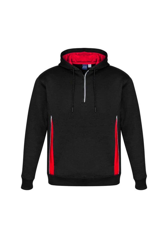 A black unisex hoodie with red accents and a zippered neckline, featuring a logo on the front.