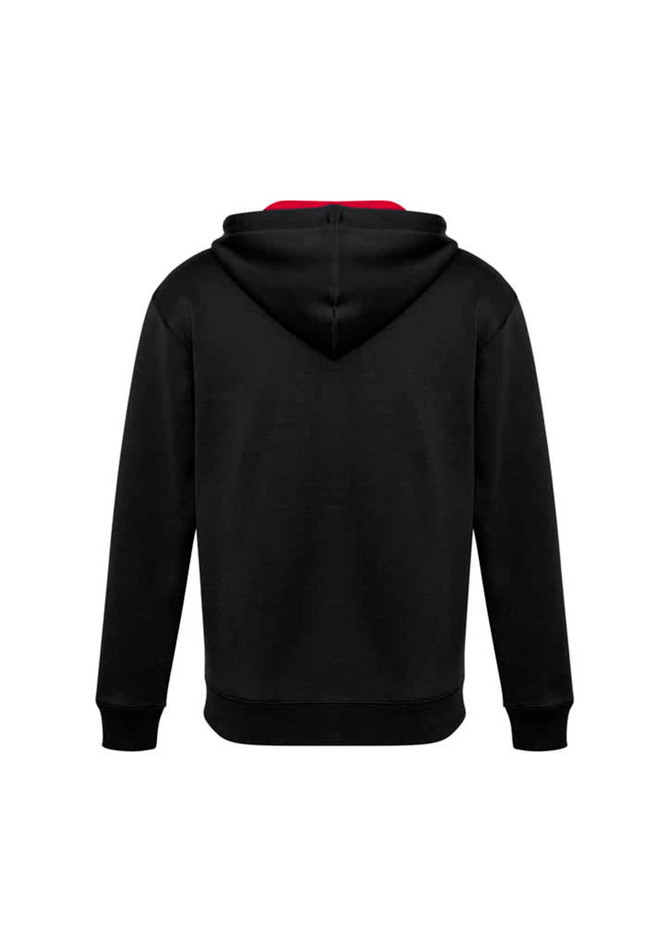 A black hoodie with a red interior and a hood, featuring a logo on the back.
