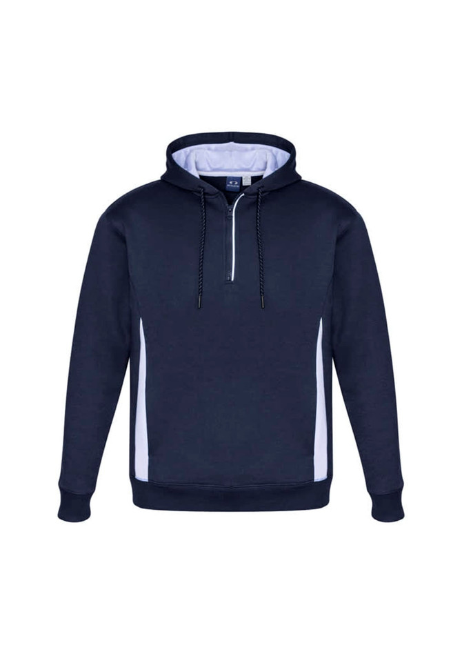 A navy blue unisex hoodie with white side panels and a zipper at the collar, featuring a logo on the front.