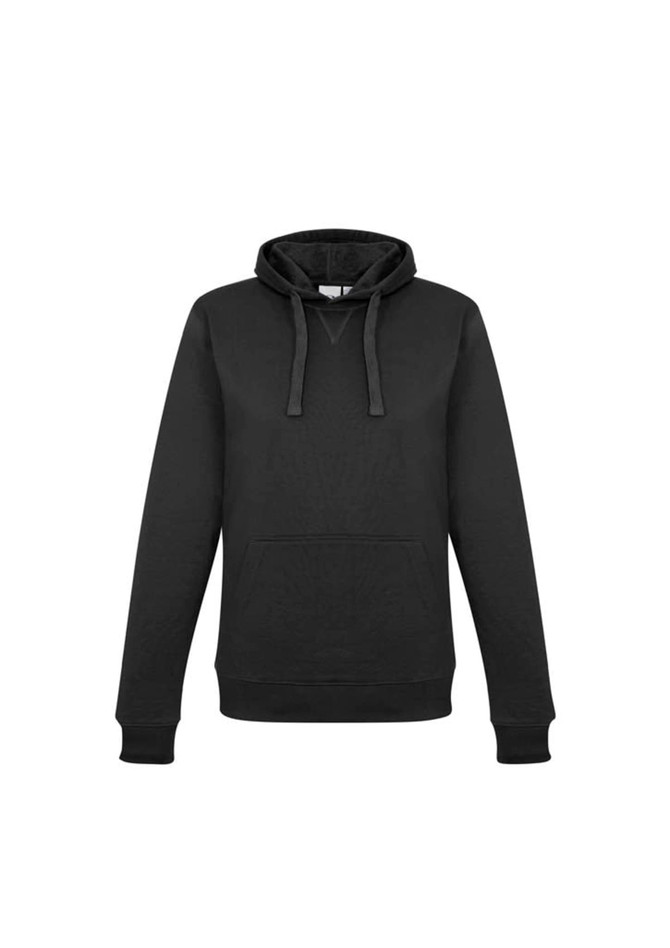 A women's crew hoodie in black with a kangaroo pocket, featuring a hood and ribbed cuffs.