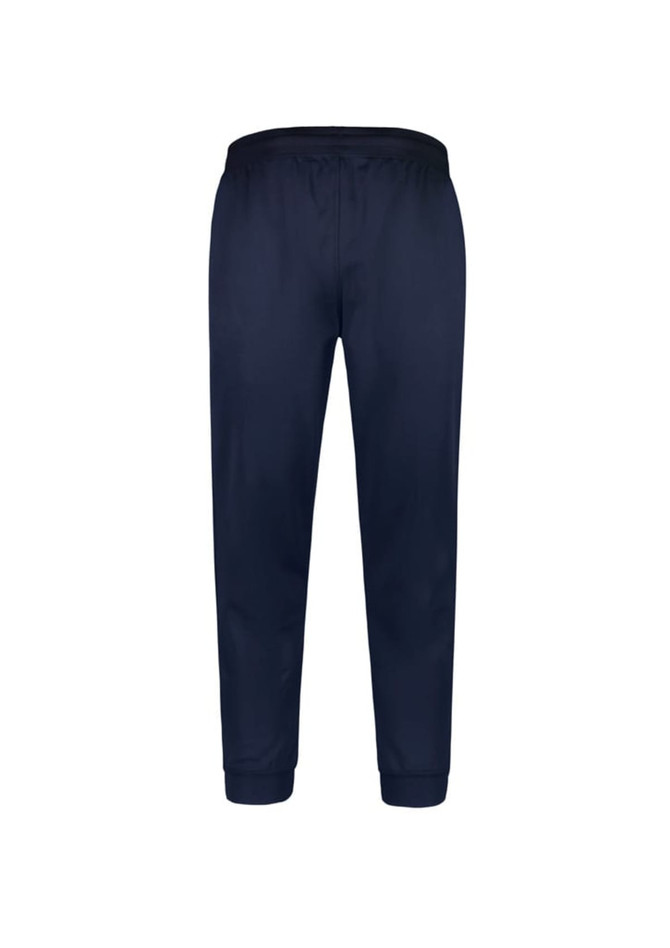A pair of navy track pants with an elastic waistband and cuffs, featuring a logo.
