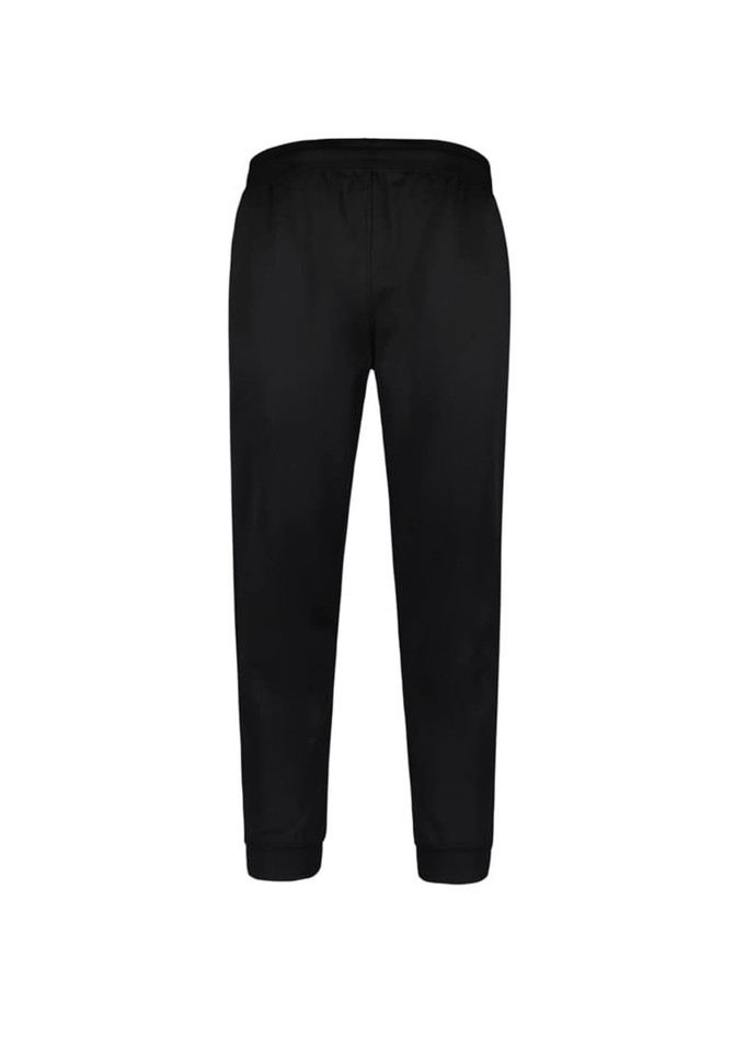 A pair of black track pants with an elastic waistband and cuffs at the ankles. The pants have a plain design and a branding logo.