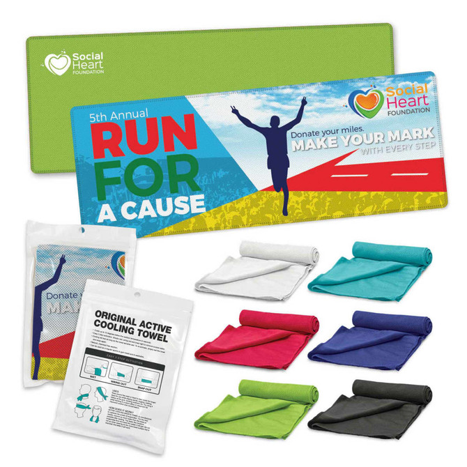 A collection of active cooling towels in various colours, including green, blue, black, and white, alongside a branded pouch.