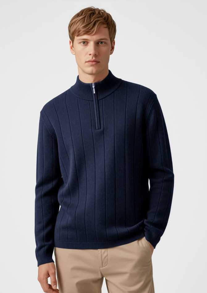 A navy blue wool pullover with a zip neck and ribbed texture, featuring a model wearing it.