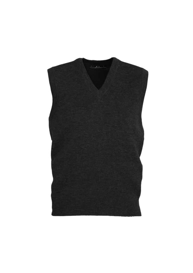 A dark grey woolmix knit vest with a V-neck and sleeveless design. Features a fitted waistband and has a logo.