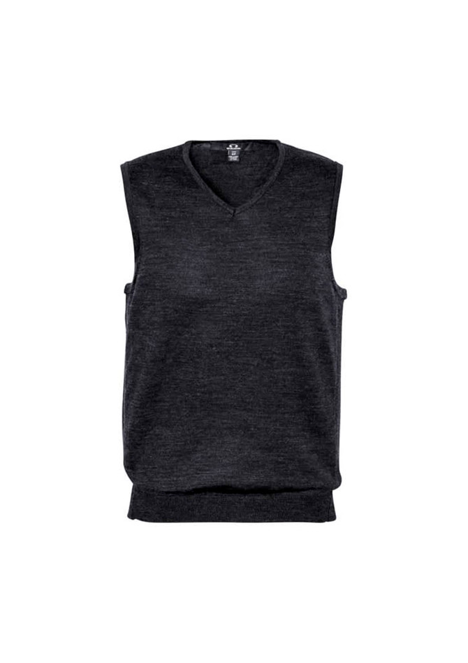 A dark grey men's vest with a V-neck design, featuring a ribbed hem and armholes, and has a logo.