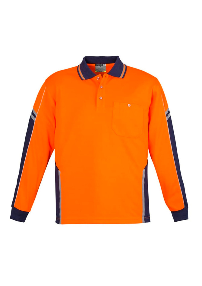 A long-sleeve polo in high visibility orange and navy, featuring a collar and a front pocket. It has a logo.